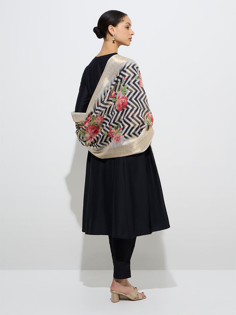 Westside Vark Women's Black Kurta with Ethnic Pants and Chevron Dupatta Set for Festive Wear Back View