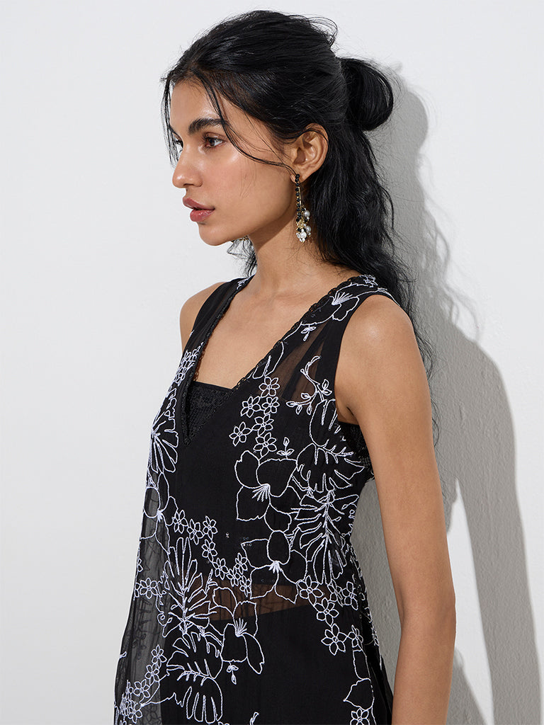Vark Black Floral Embroidered Mesh A-Line Kurta