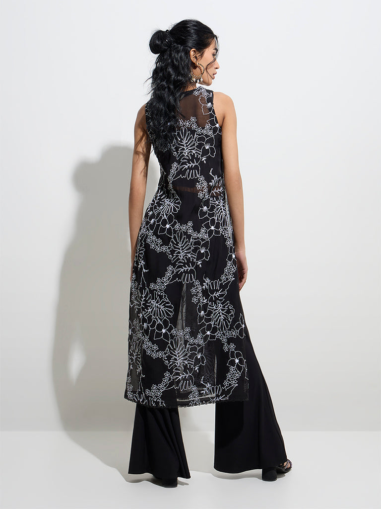 Vark Black Floral Embroidered Mesh A-Line Kurta