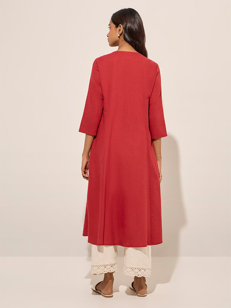 Westside Utsa Women's Maroon Mirror Embroidered Cotton A-Line Kurta for Work Wear Back View