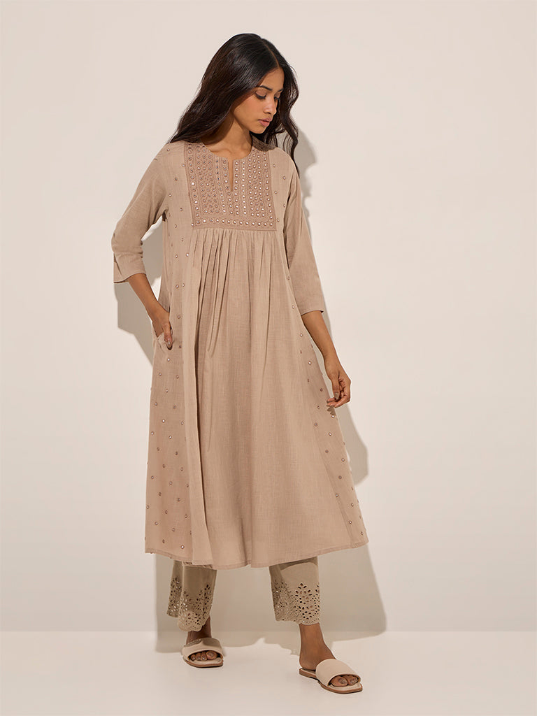 Westside Utsa Women's Taupe Mirror Embroidered Cotton A-Line Kurta for Work Wear Full View