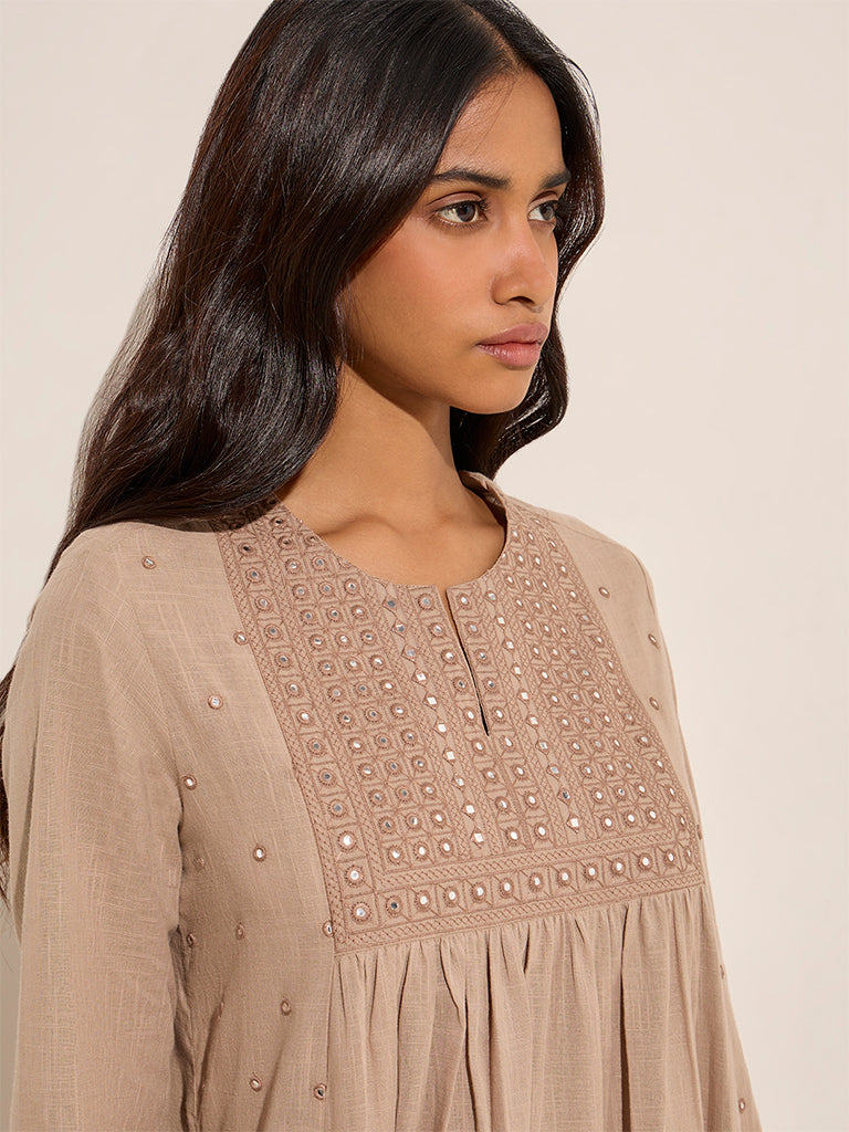 Westside Utsa Women's Taupe Mirror Embroidered Cotton A-Line Kurta for Work Wear Zoomed View