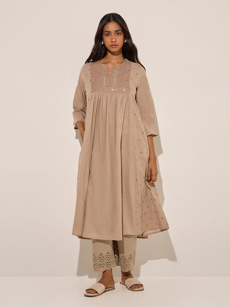 Westside Utsa Women's Taupe Mirror Embroidered Cotton A-Line Kurta for Work Wear Front View