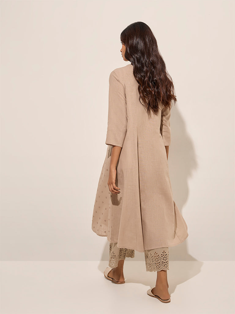 Westside Utsa Women's Taupe Mirror Embroidered Cotton A-Line Kurta for Work Wear Back View