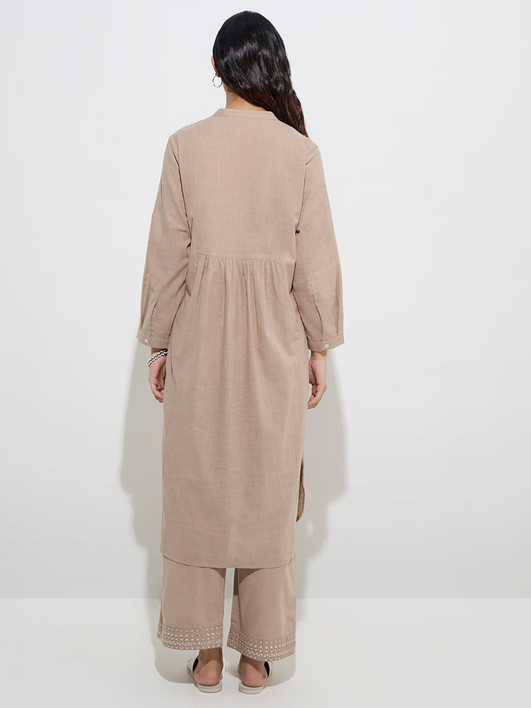Westside Utsa Women's Taupe Embroidered Cotton A-Line Kurta for Work Wear Back View