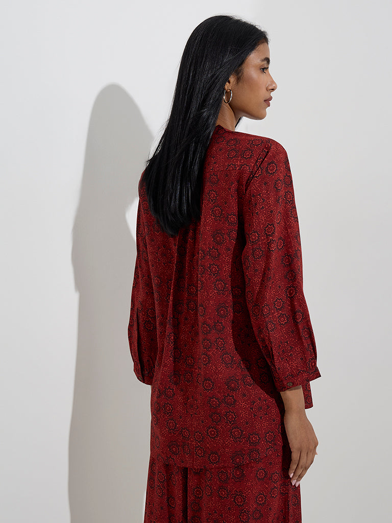 Westside Utsa Women's Maroon Floral Printed Tunic for Everyday Back View