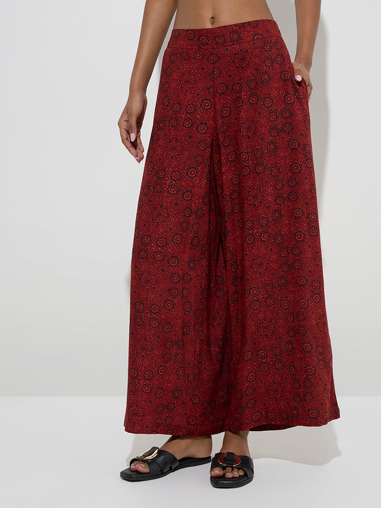 Westside Utsa Women's Maroon Floral Printed High-Rise Palazzos for Everyday Front View