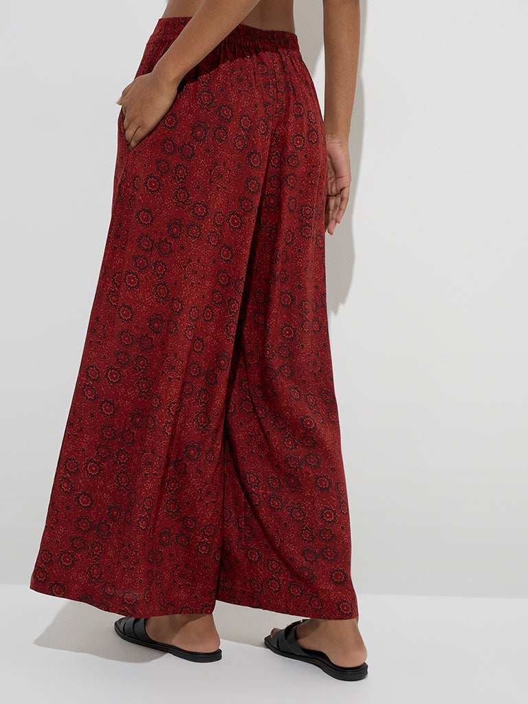Westside Utsa Women's Maroon Floral Printed High-Rise Palazzos for Everyday Zoomed View
