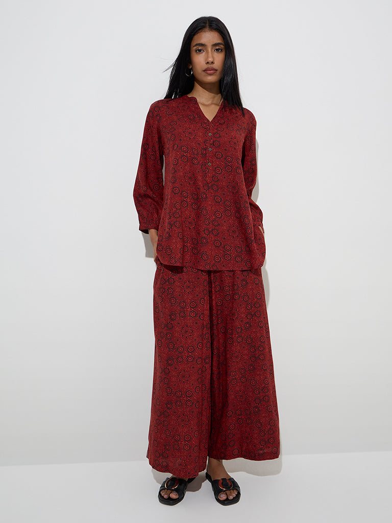 Westside Utsa Women's Maroon Floral Printed High-Rise Palazzos for Everyday Front View