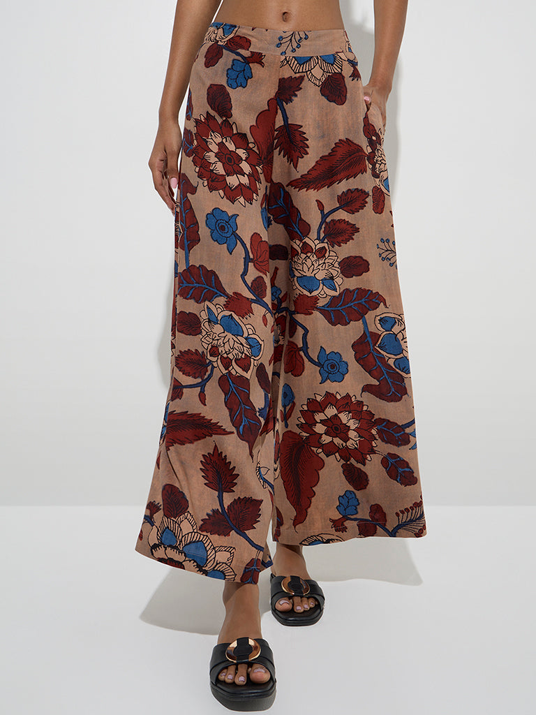 Westside Utsa Women's Beige Floral Printed High-Rise Palazzos for Everyday Front View