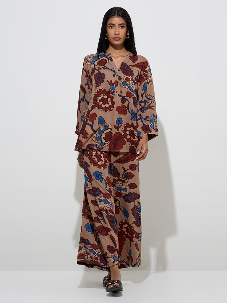 Westside Utsa Women's Beige Floral Printed High-Rise Palazzos for Everyday Front View