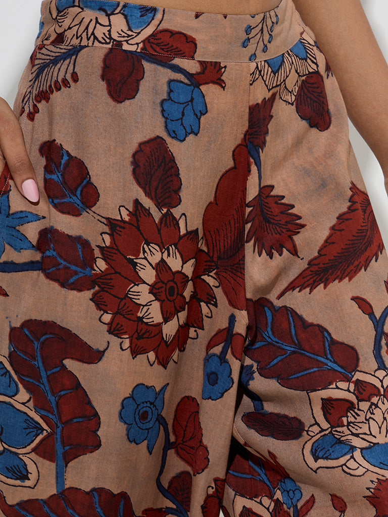 Westside Utsa Women's Beige Floral Printed High-Rise Palazzos for Everyday Zoomed View