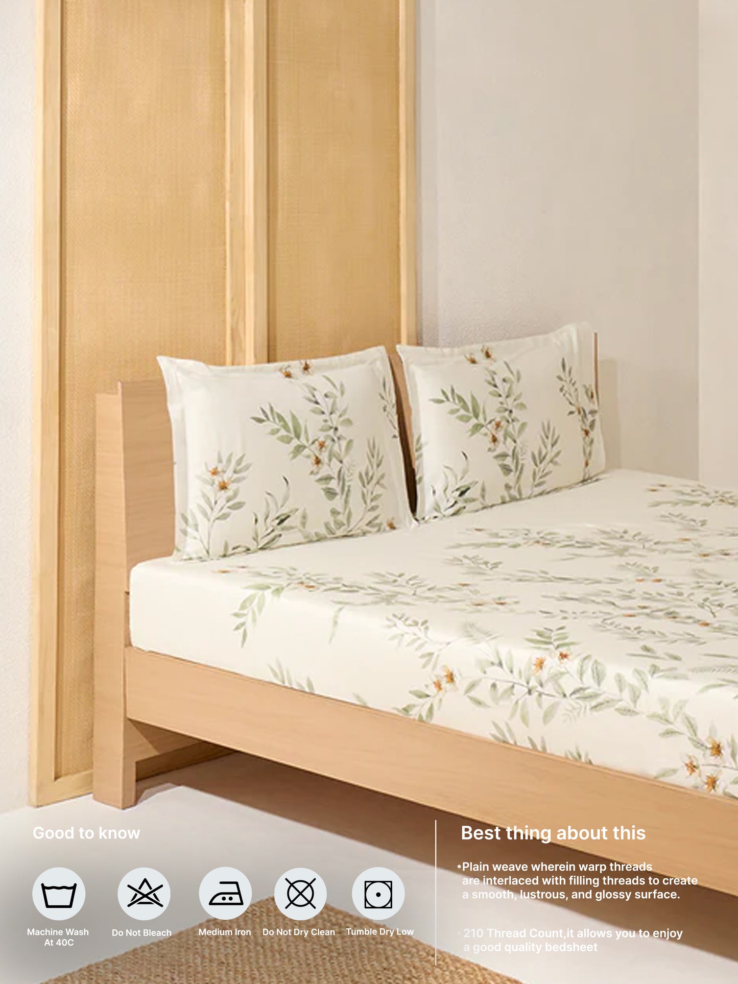 Westside Home Green Foliage Design Queen Bed Flat Sheet and Pillowcase Set