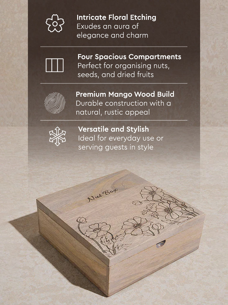 Westside Home Beige Floral Etched Wooden Nut Box