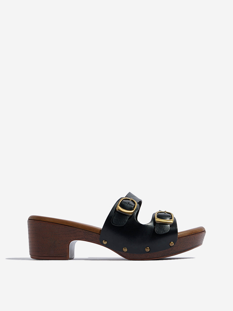 Westside LUNA BLU Women's Black Dual-Buckle Strap Block Sandals Side View