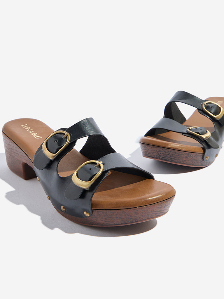 Westside LUNA BLU Women's Black Dual-Buckle Strap Block Sandals Zoomed View