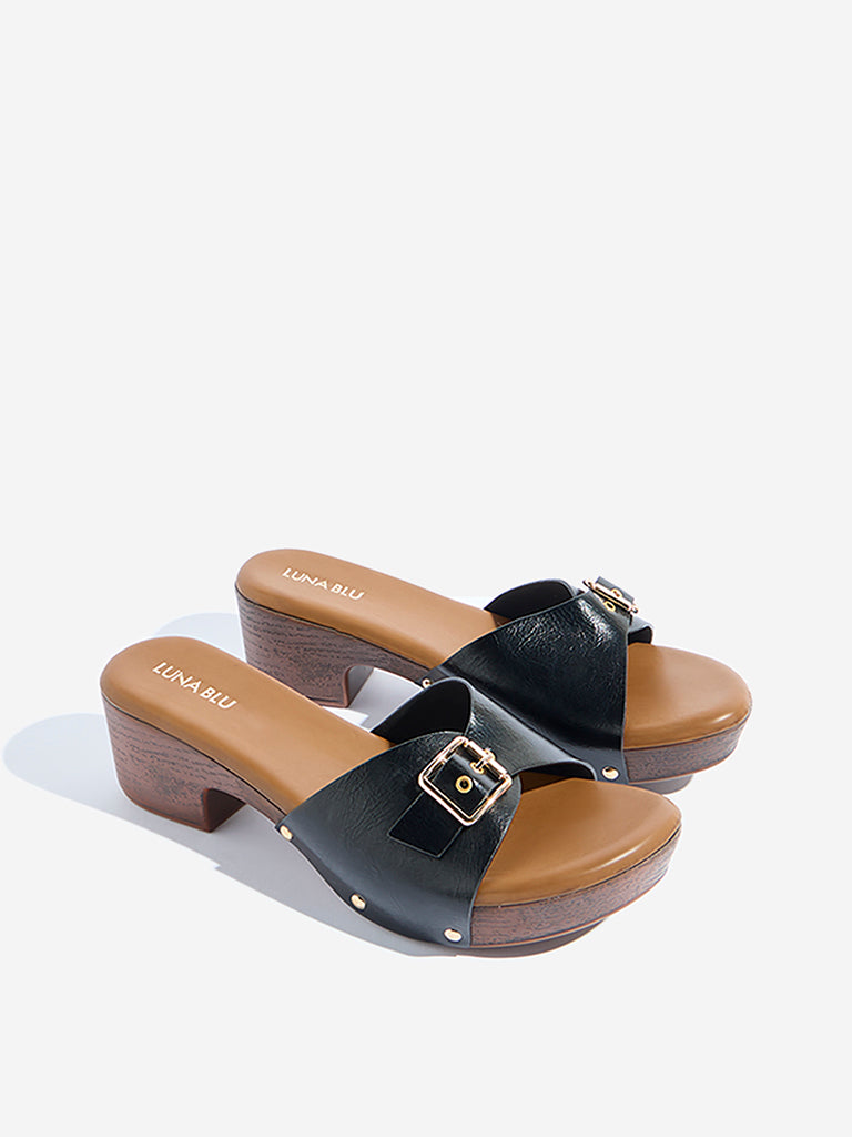 LUNA BLU Black Buckle-Detailed Block Heel Sandals