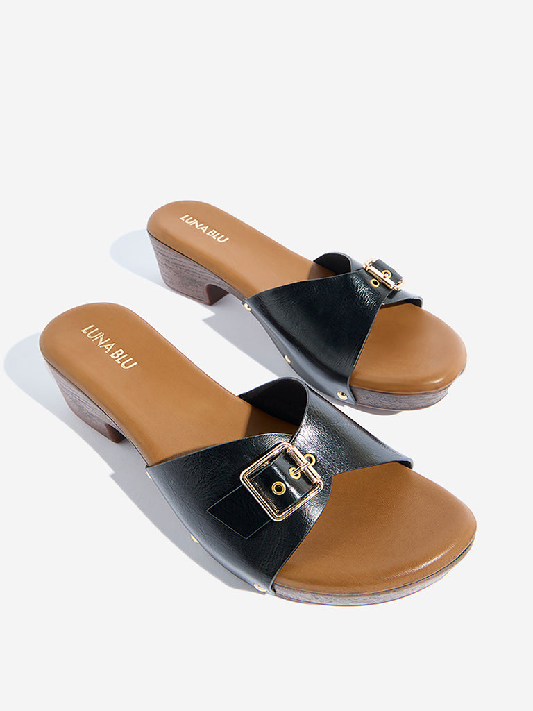 Westside LUNA BLU Women's Black Buckle-Detailed Block Heel Sandals for Casual Wear Zoomed View