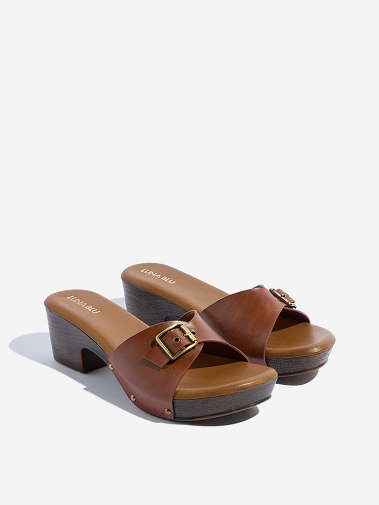 LUNA BLU Tan Buckle-Detailed Block Heel Sandals