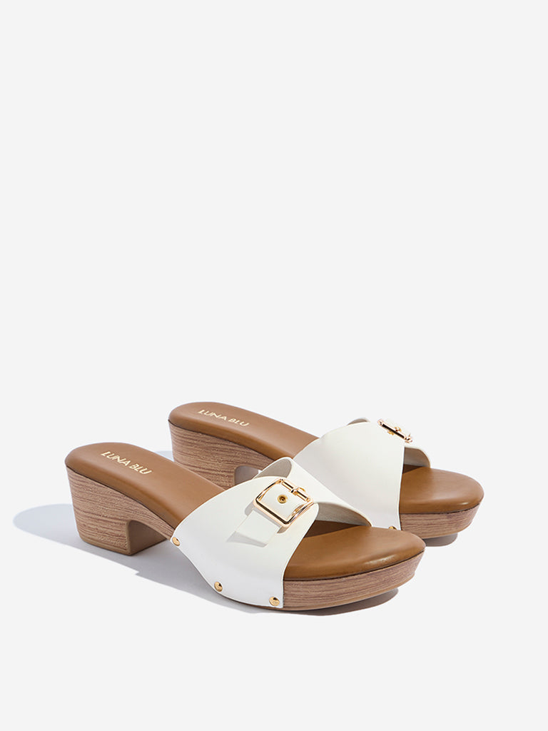 LUNA BLU White Buckle-Detailed Block Heel Sandals