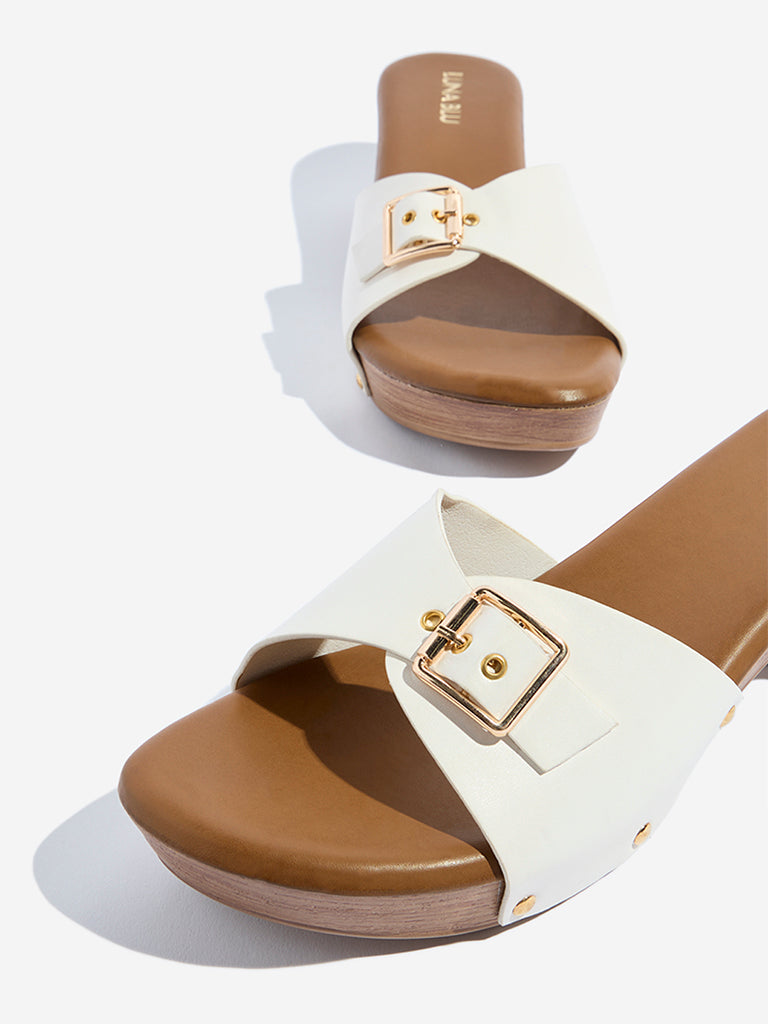 LUNA BLU White Buckle-Detailed Block Heel Sandals