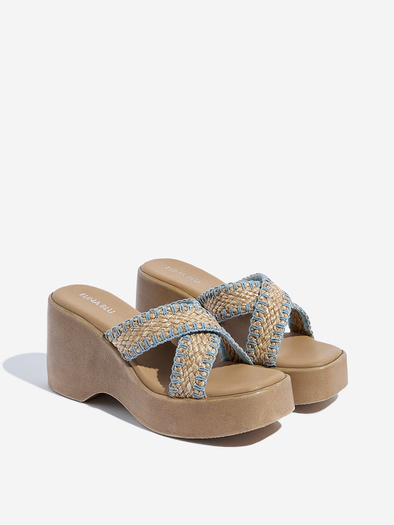 Westside LUNA BLU Women's Taupe Criss-Cross Design Wedge Heel Sandals for Casual Wear Front View