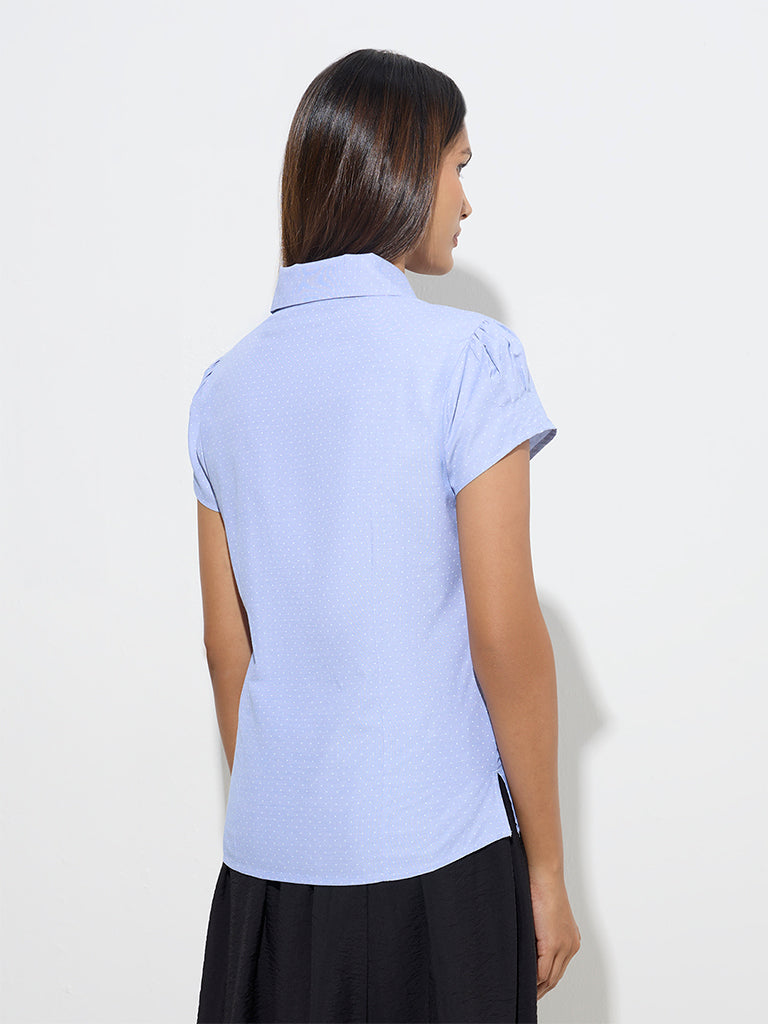 Westside Wardrobe Women's Blue Polka Dotted Cotton-Blend Shirt for Work Wear Back View