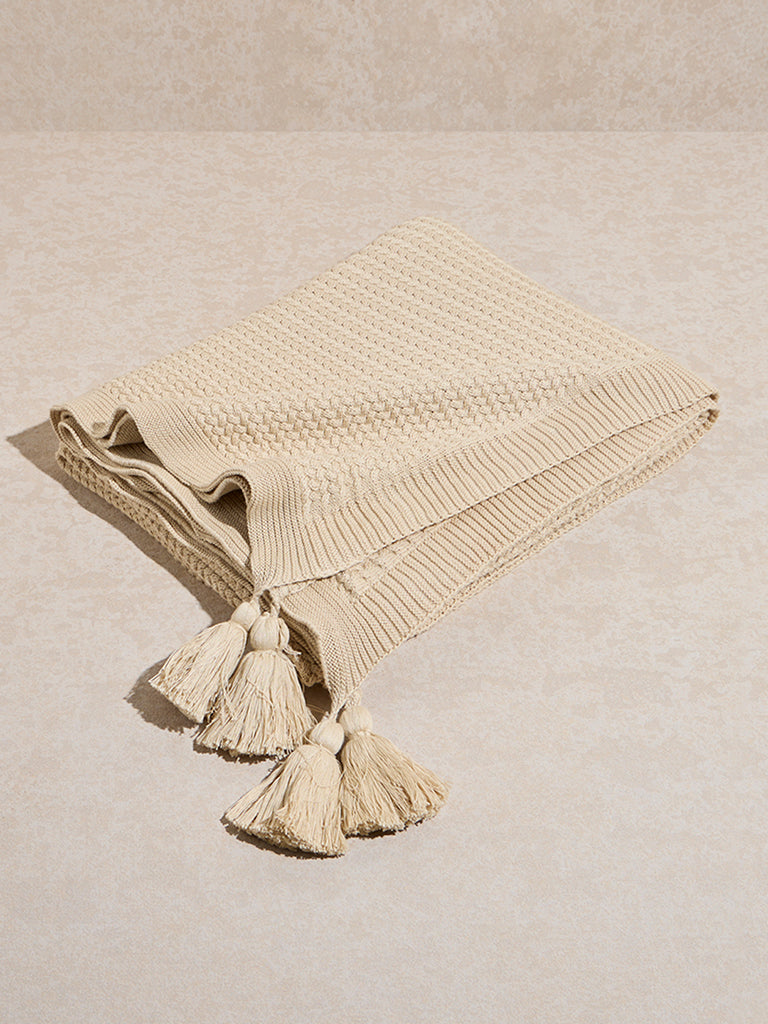 Westside Home Beige Knit-Textured Single Bed Throw