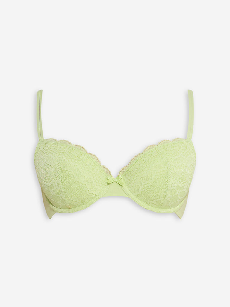 Wunderlove Lime Lace Detailed Under-Wired Cotton-Blend Bra