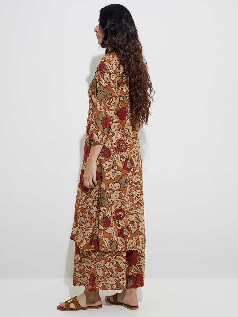 Westside Utsa Women's Brown Floral Printed A-Line Kurta for Work Wear Back View
