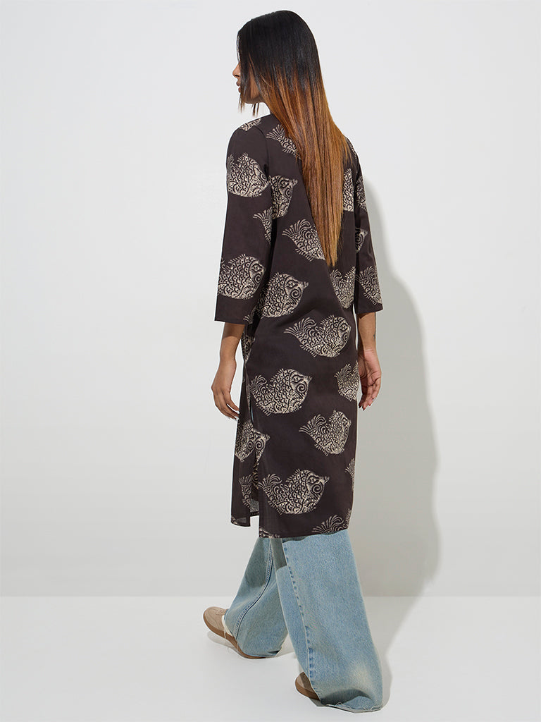 Westside Utsa Women's Dark Brown Fish Printed Straight Cotton Kurta for Everyday Back View