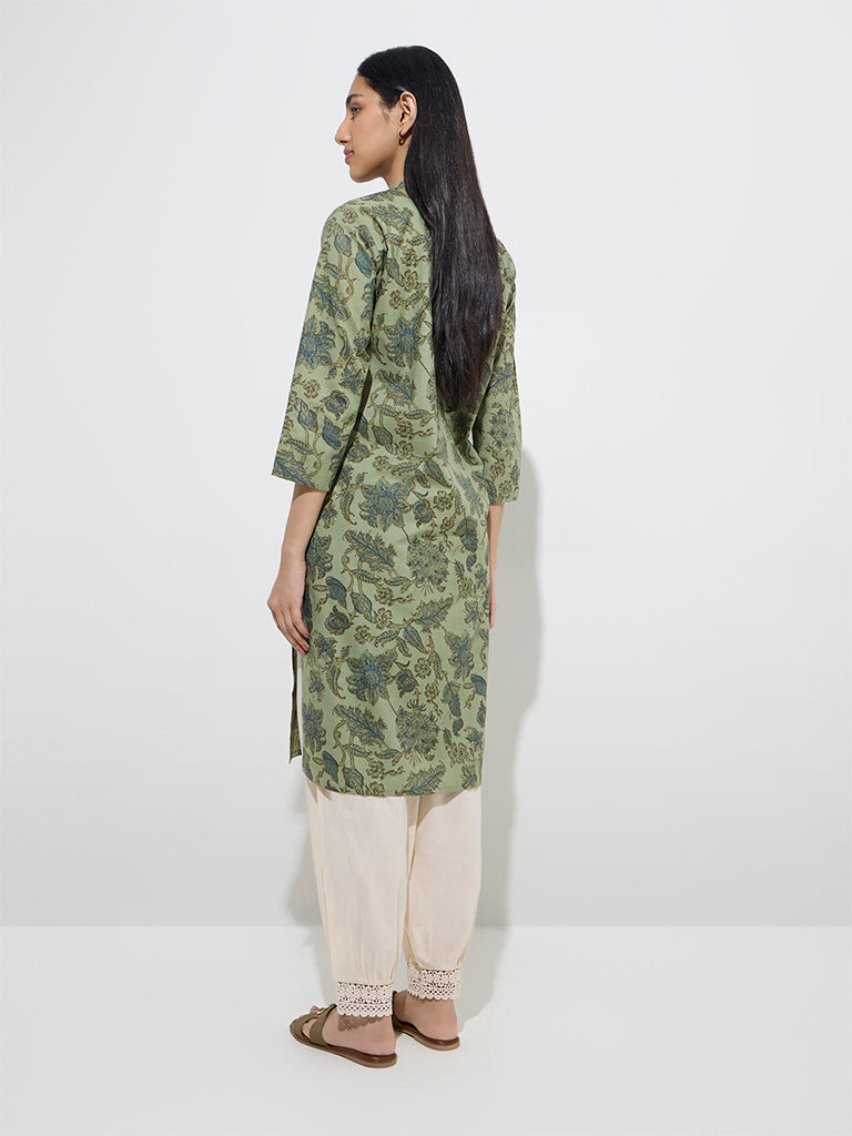Westside Utsa Women's Green Botanical Printed Straight Cotton Kurta for Everyday Back View