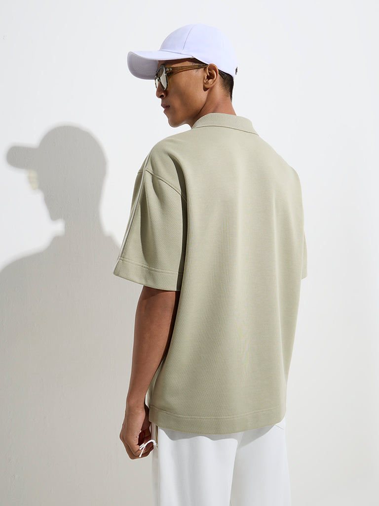 Westside Studiofit Men's Sage Text Design Relaxed-Fit Cotton-Blend Polo T-Shirt for Sports Wear Back View