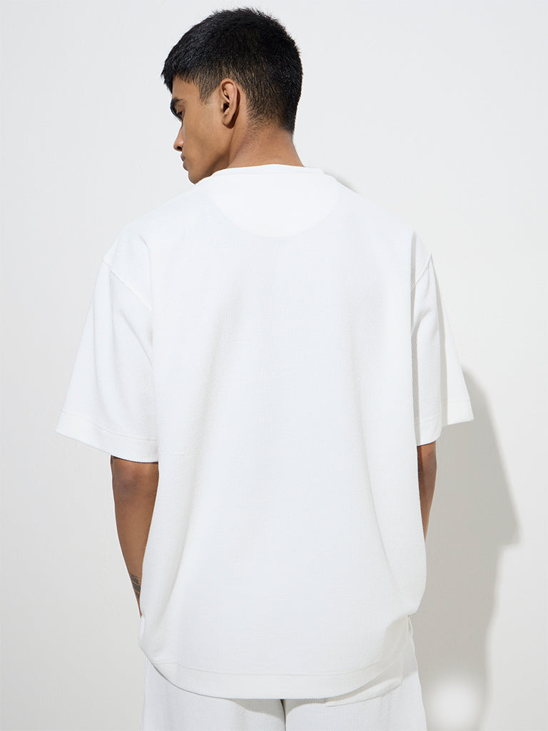 Westside Studiofit Men's Off-White Text Detailed Relaxed-Fit Cotton-Blend T-Shirt for Sports Wear Back View