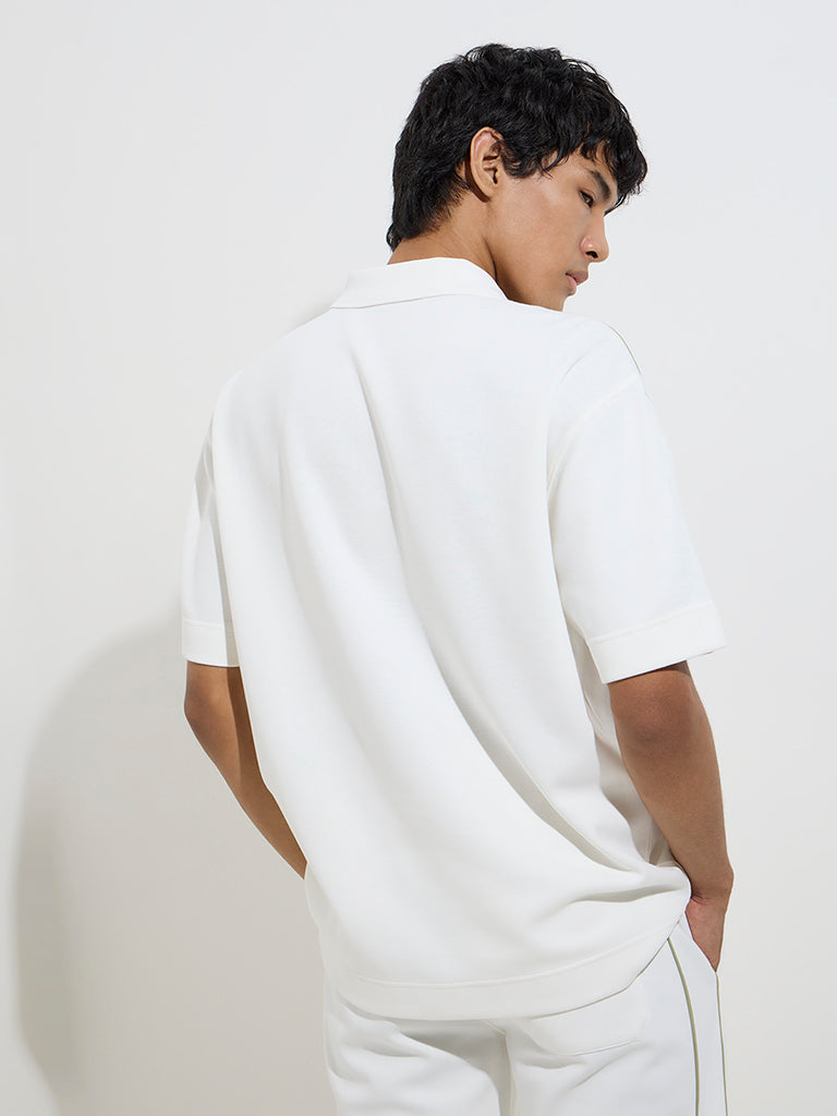 Westside Studiofit Men's White Text Printed Relaxed-Fit Cotton-Blend Polo T-Shirt for Sports Wear Back View