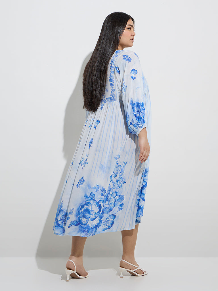 Westside Diza Women's Blue Floral Printed A-Line Dress for Work Wear Back View