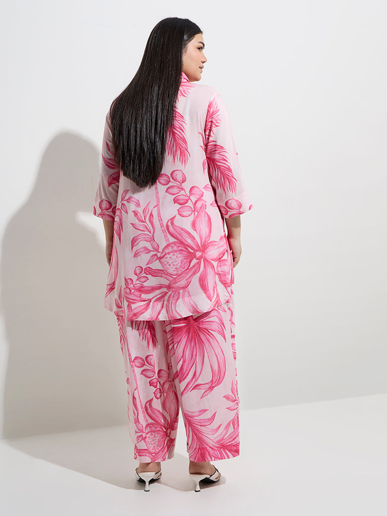 Westside Diza Women's Pink Foliage Printed High-Low Ethnic Tunic for Work Wear Back View