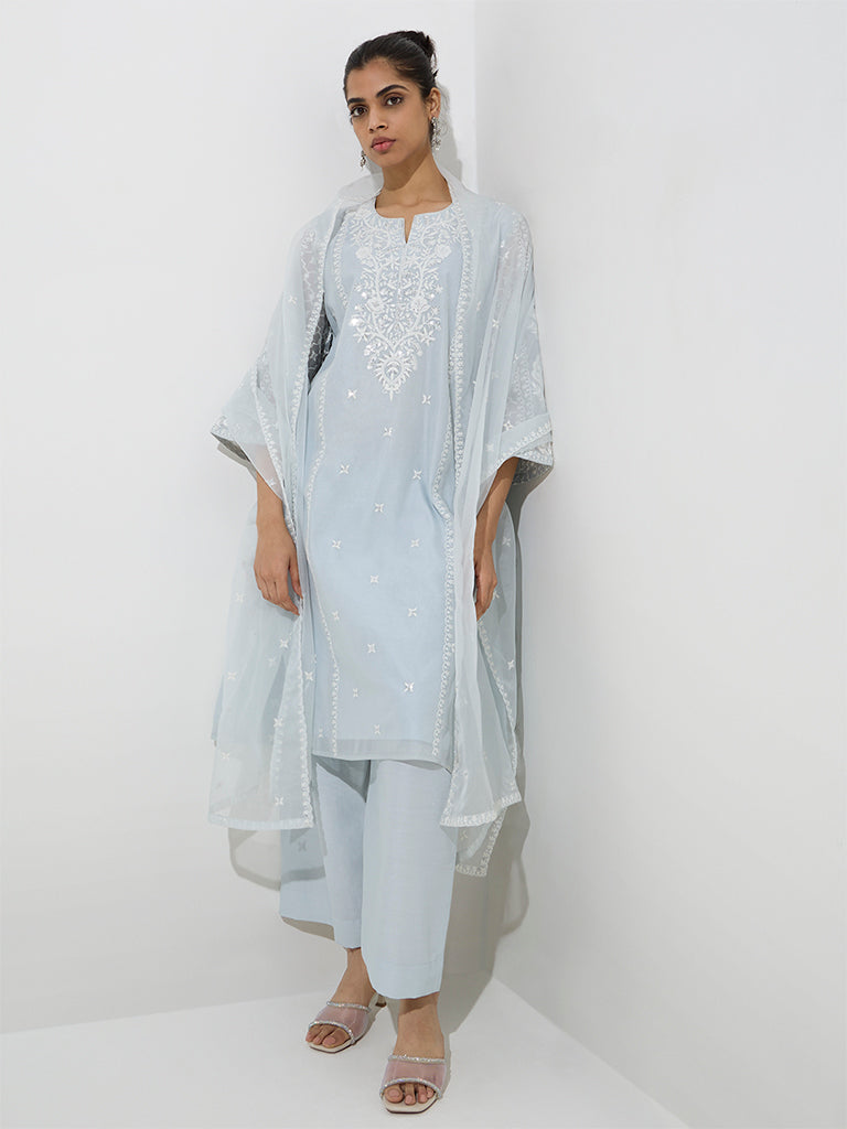 Buy Vark Blue Cotton-Blend Kurta, Palazzos and Dupatta Set from