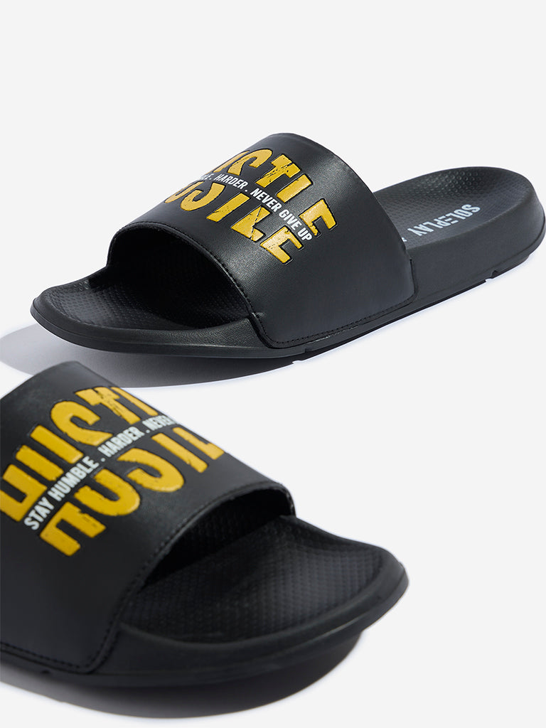 Westside SOLEPLAY Men's Black Text Printed Pool Slides for Casual Wear Zoomed View