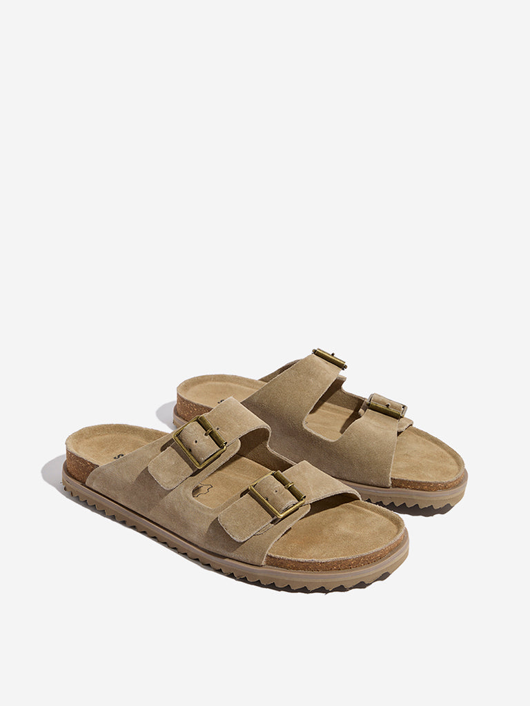Westside SOLEPLAY Men's  Taupe Dual-Strap Leather Sandals for Casual Wear Front View