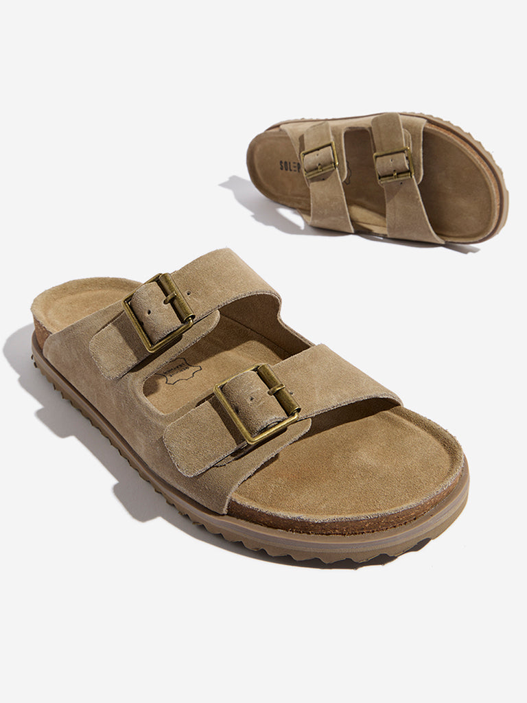 Westside SOLEPLAY Men's  Taupe Dual-Strap Leather Sandals for Casual Wear Zoomed View