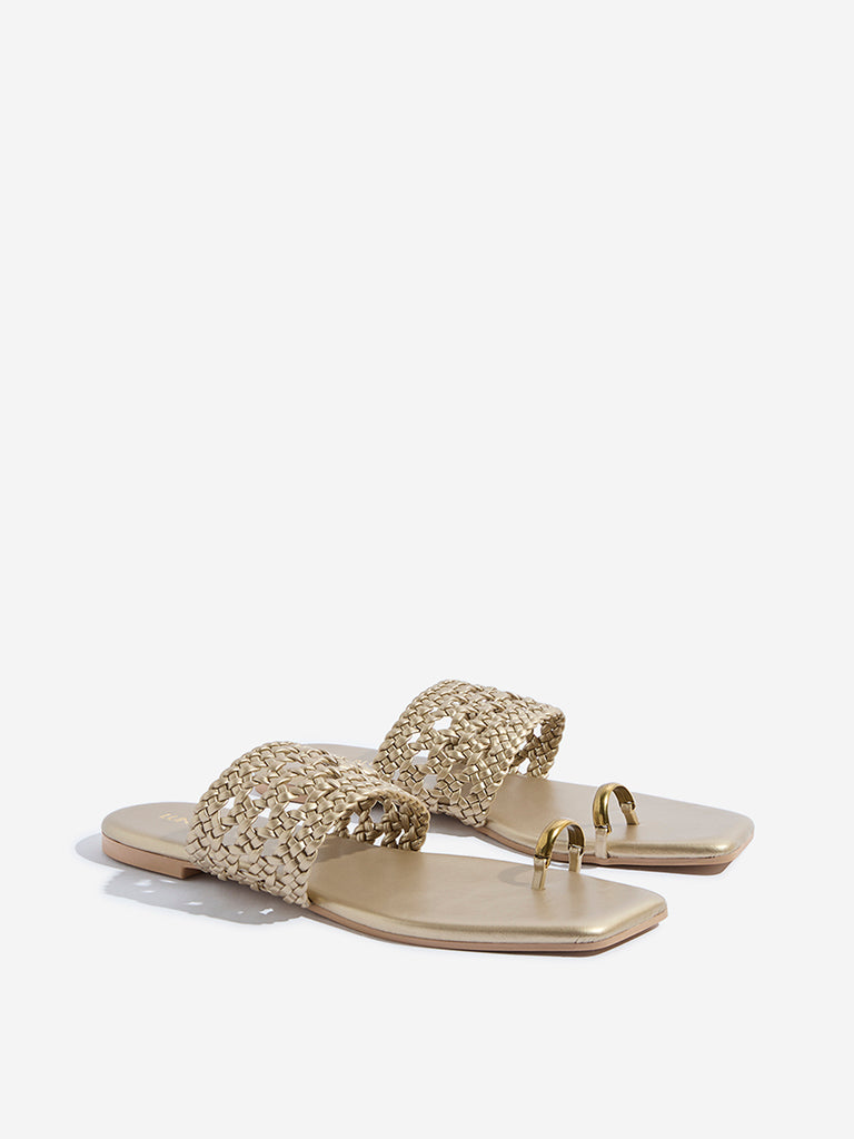 Westside LUNA BLU Women's Gold Braided Toe-Ring Sandals for Casual Wear Front View