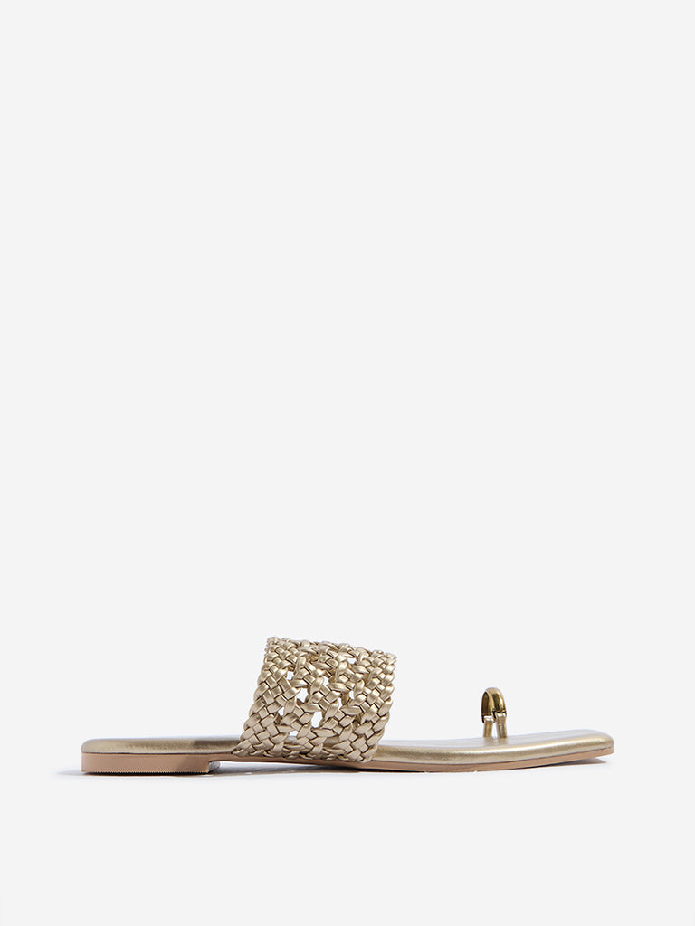Westside LUNA BLU Women's Gold Braided Toe-Ring Sandals for Casual Wear Side View