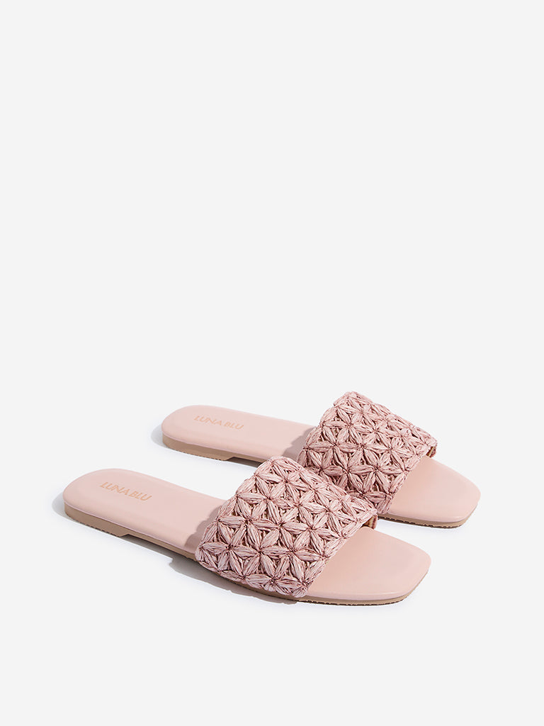 Westside LUNA BLU Women's Light Pink Floral Raffia Slides for Casual Wear Front View