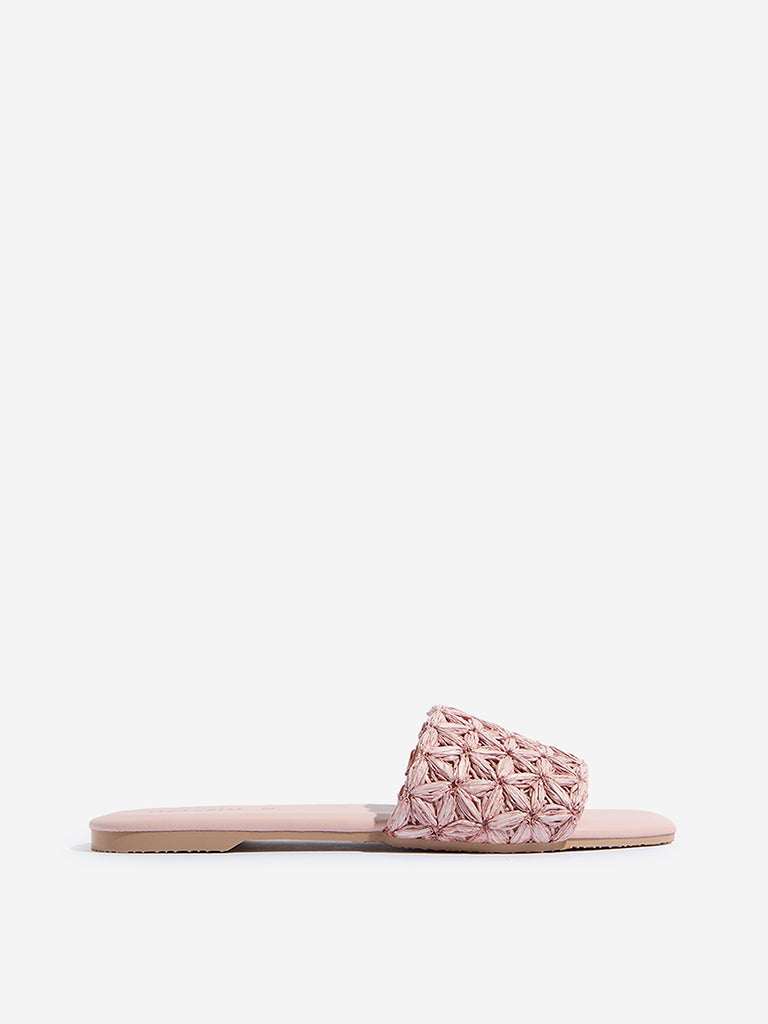 Westside LUNA BLU Women's Light Pink Floral Raffia Slides for Casual Wear Side View