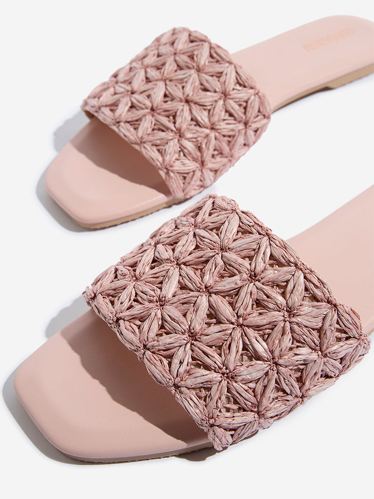 Westside LUNA BLU Women's Light Pink Floral Raffia Slides for Casual Wear Zoomed View