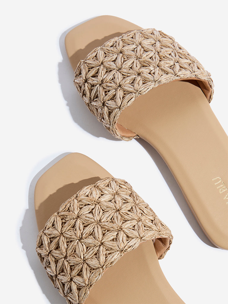 Westside LUNA BLU Women's Beige Floral Raffia Slides for Casual Wear Zoomed View
