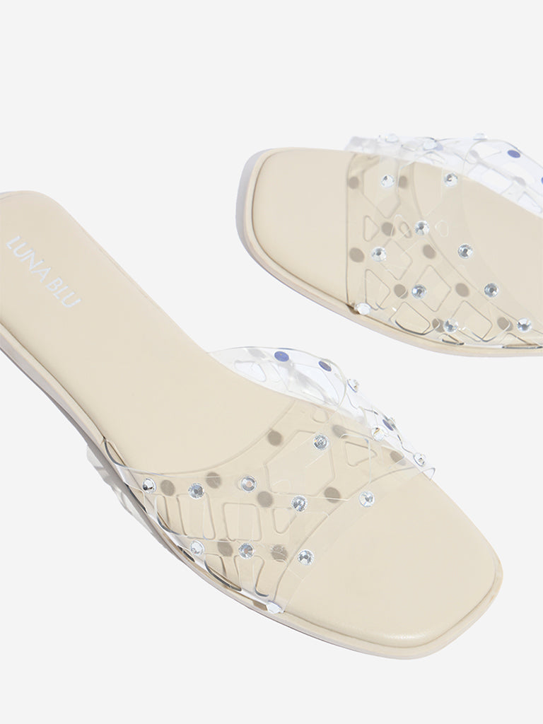 Westside LUNA BLU Women's Ivory Stud-Detailed Vinyl Slides for Casual Wear Zoomed View