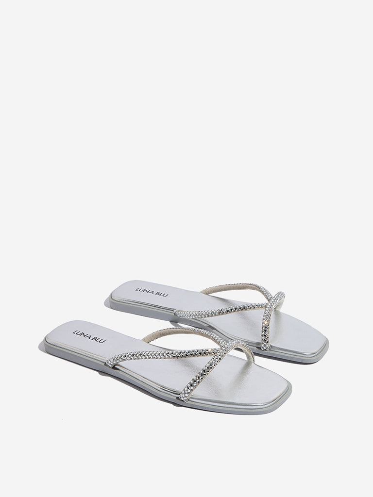 LUNA BLU Silver Diamante Embellished Multi Strap Slides