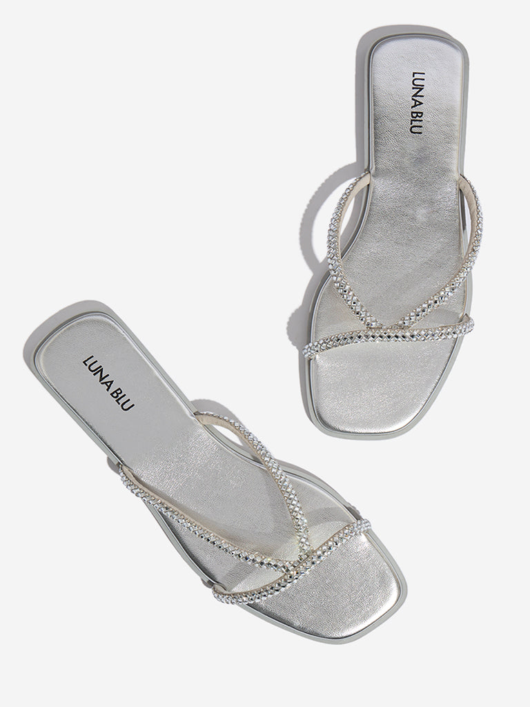 LUNA BLU Silver Diamante Embellished Multi Strap Slides